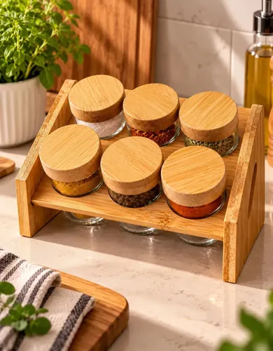 Kit Porta Temperos com Suporte de Bambu e 6 Potes de Vidro com Dosador