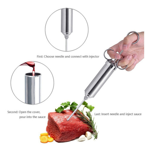 Injetor De Carne Marinada 304 Aço Inoxidável 3 Agulhas Molho