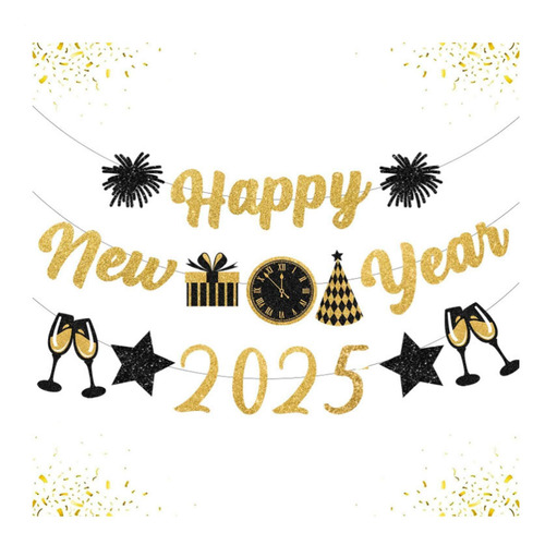 Pancarta De Feliz Año Nuevo 2025 Con Purpurina Pancarta De N