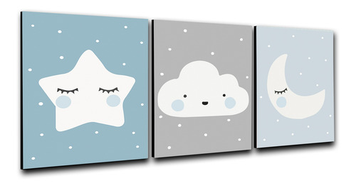 Imagen 2 de 3 de Triptico Cuadros Niños 40x30 Cms Set1 Estrella Nube Luna
