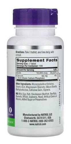 Imagen 2 de 3 de Vitamina Biotin Natrol 10,000 Mcg 100 Unidades