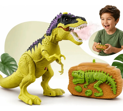 Dinossauro Rex Controle Remoto Anda Solta Fumaça Luz E Som Brinquedo Realista Interativo Infantil Kizumba