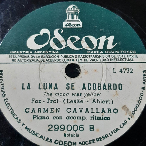 Pasta Carmen Cavallaro Piano Acomp Ritmico Odeon C262