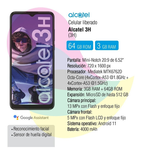 Imagen 2 de 9 de Celular Alcatel 3h 64gb Rom 3gb Ram Elegant Black