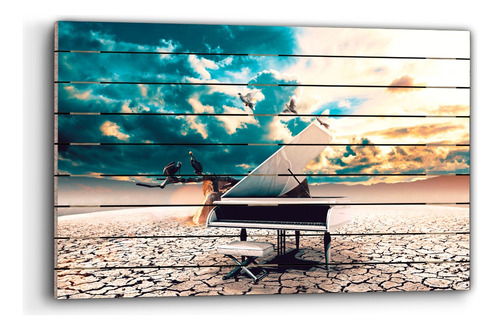 Cuadro De Madera Piano Con Aves 60x90cm
