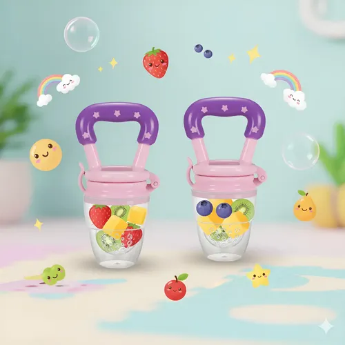 Kit 2 Und Chupeta Alimentadora Mordedor Silicone Frutas Bebê Rosa  Médio