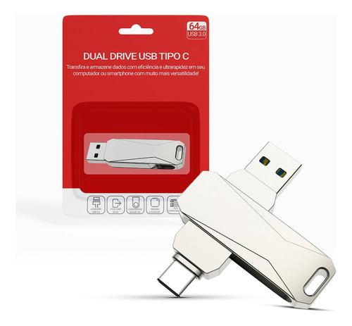 Lumi Dual Drive 02 Slim 64gb usb 3.0 e tipo-c Prateado Lisa