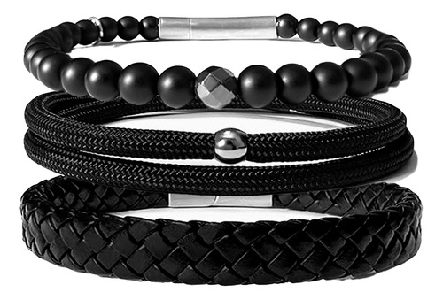 Kit Combo 3 Pulseiras Masculinas Pretas. Couro, Corda Pedras