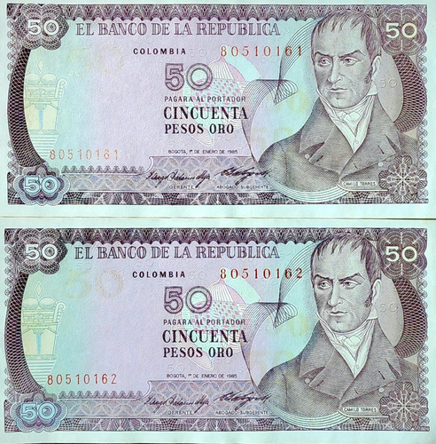 2 Billetes 50 Pesos Oro Colombia Serie Seguida. 1 Enero 1985