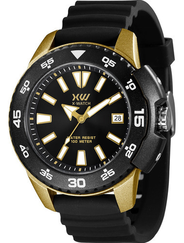 Relógio X-watch Masculino Esportivo Preto Para Mergulho 100m Cor do bisel Dourado