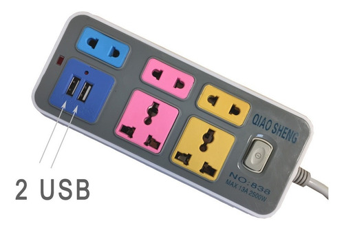 Imagen 2 de 10 de Alargue Zapatilla 5 Enchufes 2 Usb Adaptador Oferta X2 Promo