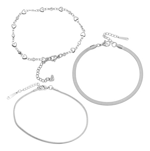 Imagen 1 de 10 de Set 3 Pulseras Tobilleras Mujer Corazón Vibora Acero Plata