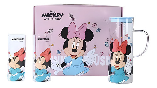 Set De 1 Jarra Y 2 Vasos De Cristal Minnie Mickey Bebidas