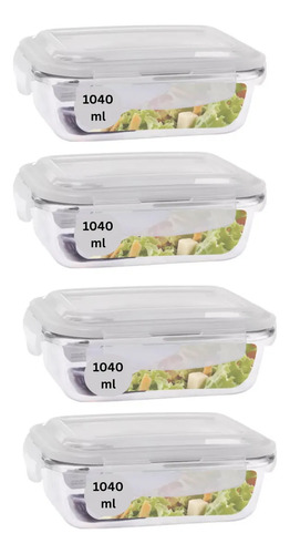 Kit 4 Potes 1040ml Hermético Vidro Marmita Com 4 Travas