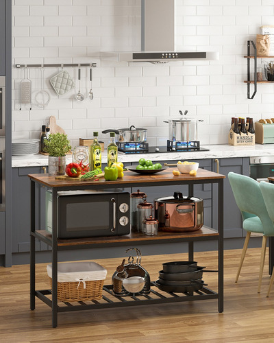 Vasagle KKI01BX isla de cocina de 3 niveles de marco de acero color marrón rústico y negro