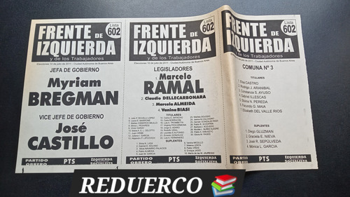 Boleta Electoral 2011 Frente De Izquierda Bregman 10/7 (Usado)