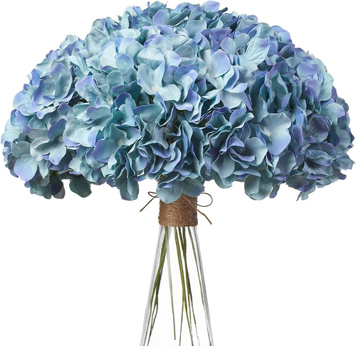 Flores Falsas De Seda De Hortensia Azul Pavo Real, 10 P...