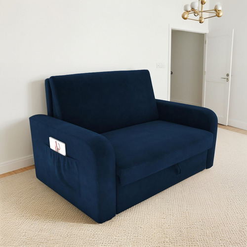 Sofá Cama Com Baú 2 Lugares Daiane Suede Azul Matrix
