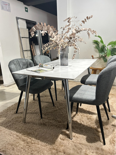 Juego Comedor Bulnes Neolith Cromo 120 + 4 Sillas Panama Gris Oscuro Chenille