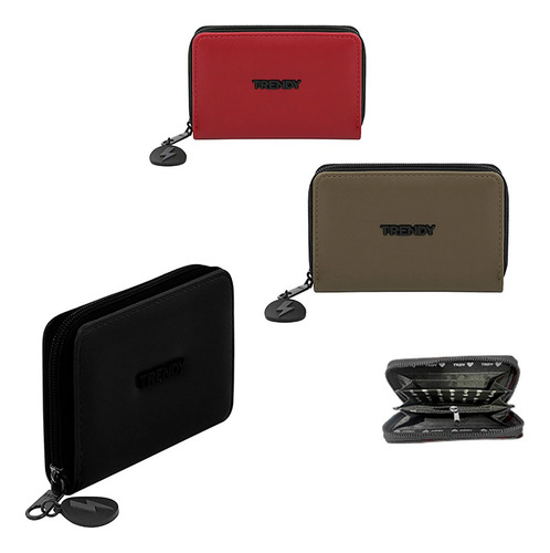 Billetera Trendy Con 8 Compartimientos Con Cierre Seguro Color Negro Diseño De La Tela Liso