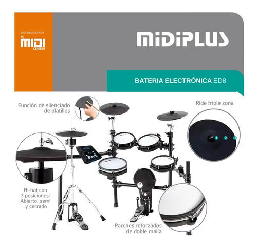 Imagen 4 de 7 de Batería Electrónica Midiplus Ed8 5 Cuerpos 3 Platillos Cuota
