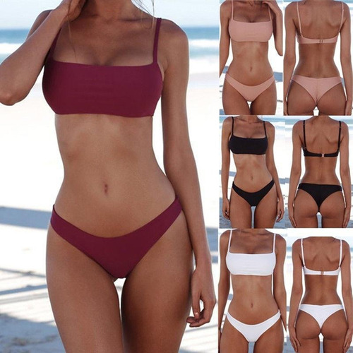 Mujer Color Sólido Acolchado Sujetador Tanga Bikini Conjunto