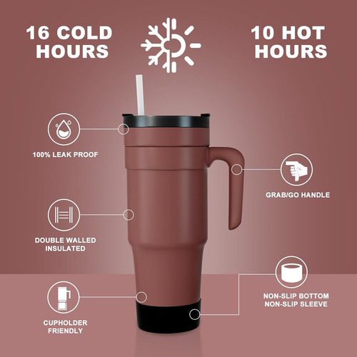 Vaso 40 Oz Acero Inoxidable Con Tapa Y Popote Rojo Óxido
