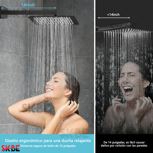 Skbe® Regadera Cuadrada Tipo Lluvia Alta Presión Con Regadera Telefono Y Grifo Del Baño Acero Inoxidable Color Negro