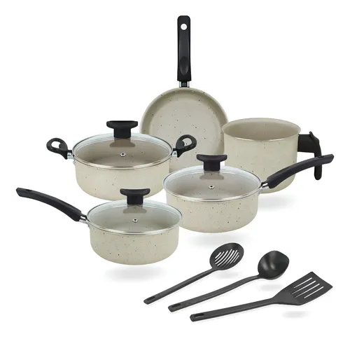Jogo De Panelas 8 Peças Elegan Baunilha Antiaderente Tampa De Vidro Conjunto De Panela Para Cozinha Teflon - Dona Chefa