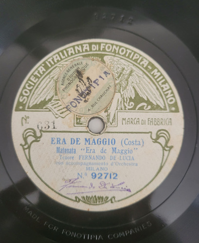 De Lucia Comm' O Zuccaro Disco Pasta Fonotipia 92711 N°631 (Usado)