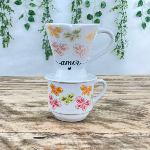 Coador De Café Em Porcelana + Xicara 200ml - Borboletas