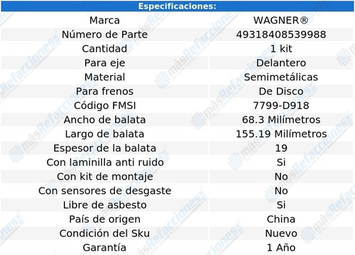 Kit De Balatas Semimetalicas Del Wagner 335i 3.0l 07 Al 09
