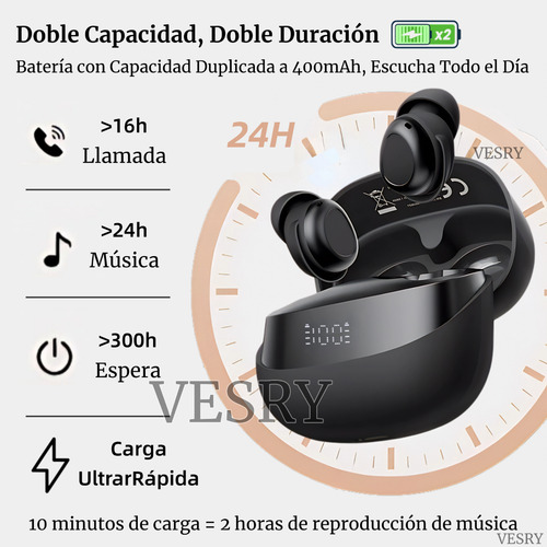 VESRY A13 Auriculares Bluetooth Inalámbricos Audífonos Manos Libres Accesorios para Celulares Iphone Android Gamer Pc Con Estuche de Carga y Reducción de Ruido Negro