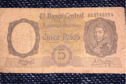 Billete Cinco Pesos Moneda Nacional Serie A San Martín