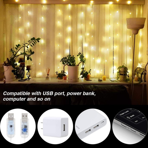 Cortina De Luces Led Usb 3x3m Decoración Blanco Cálido 8modo
