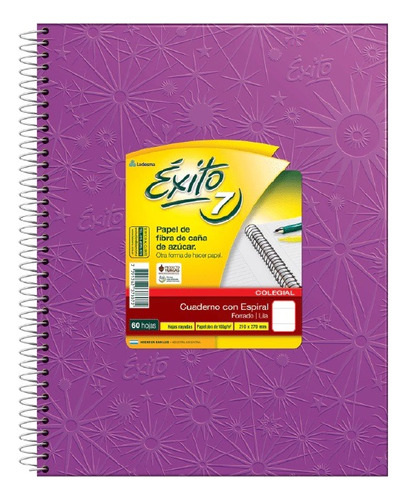 Cuaderno E7 Lila 21x27 Rayado 60 Hojas Espiral Exito X5 Unid