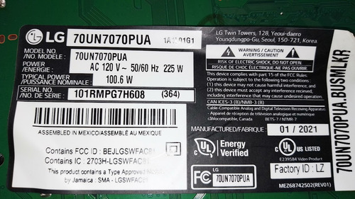 Main Lg 70un7070pua / Ebt66527902 / Eax69083603 (Usado)