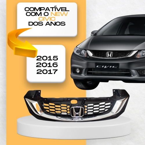 Grade New Civic 2015 2016 Black Piano Com Emblema Cromado