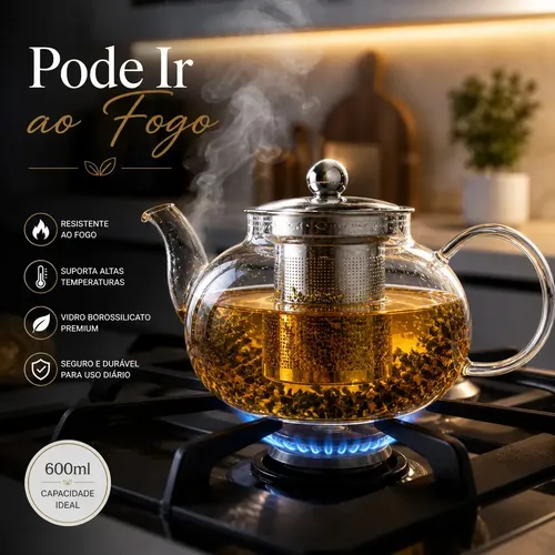 vidro borossilicato pode ir ao fogo Chaleira de 600ml com Infusor Inox Vai Bule para Cha Resistente Termica Elegante Premium