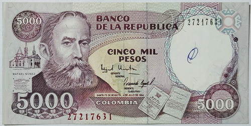 Billete 5000 Pesos 04/jul/1994 Colombia Au