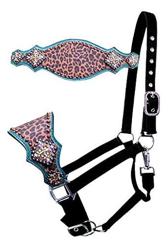 Showman Nylon Bronc Halter W Teal Cuero Cheetah Print Nariz