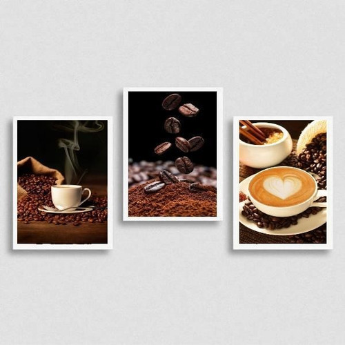 Kit 3 Quadros Fotografia Grãos De Café 33x24cm Branca