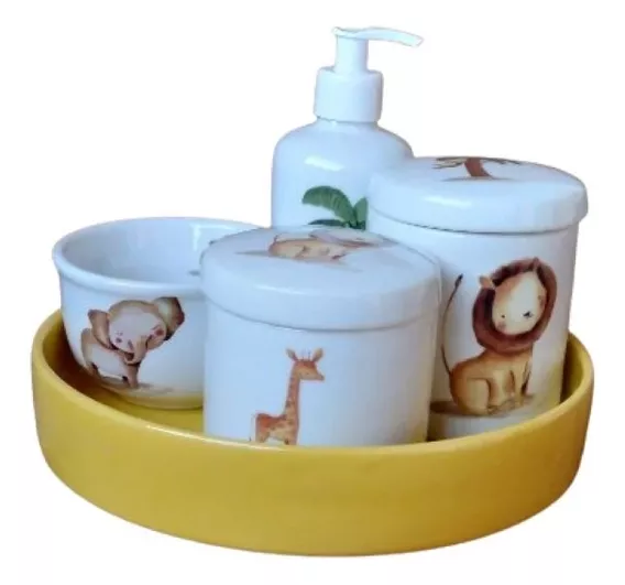 Bandeja Redonda E Kit Higiene Porcelana  Animais Safari