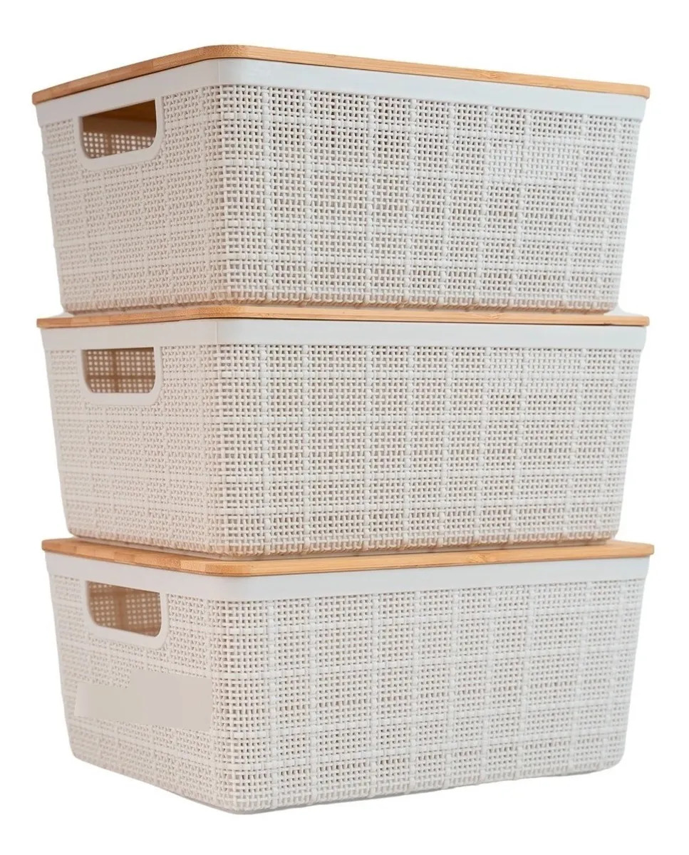 Kit 3 Caixas Organizadoras 4 Litros Brancas C/ Tampa Bambu Cor Branco