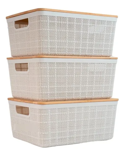 Kit 3 Caixas Organizadoras 4 Litros Brancas C/ Tampa Bambu Cor Branco