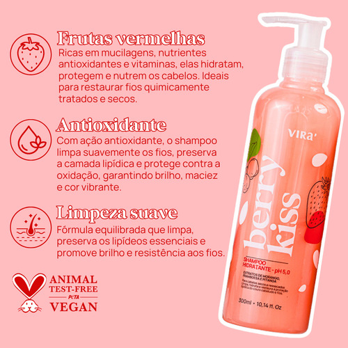 Shampoo Hidratação Berry Kiss 300ml Cabelos Hidratados Macios Brilho Nutrição Fragrância Doce Sem Sal Parabenos Vegano Limpeza Suave Para Todos Os Tipos De Cabelo