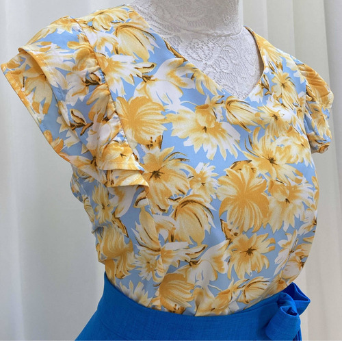 Imagem 4 de 6 de Blusa Feminina Com Mangas Azul Florida Amarelo