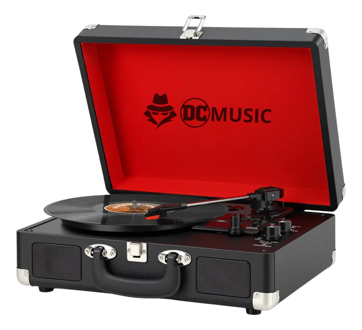 Vitrola Anos 80 Maleta Dc Music aberta, mostrando o interior vermelho com o logo da marca e o prato giradiscos