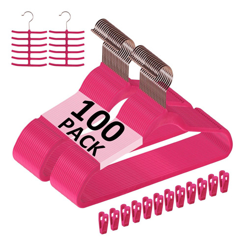 Perchas De Terciopelo Premium + Clips - Pack 100u. Rojo/rosa