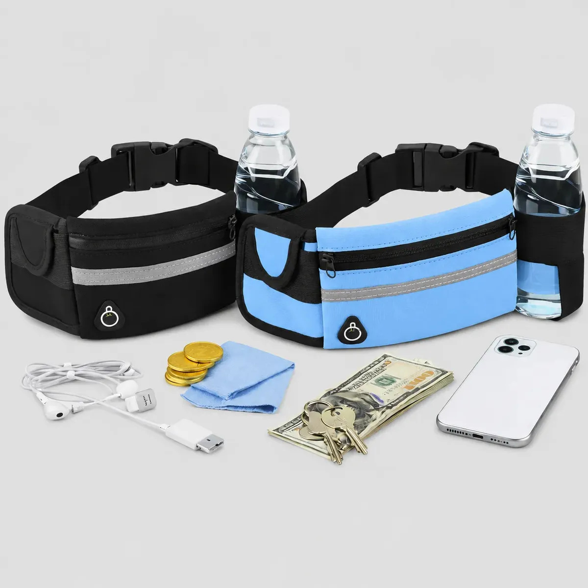 Kit 2 Pochetes Esportiva Impermeável Celular Acessórios Academia Treino Corrida Caminhada Moderna Bolsa Transversal Cintura Moda Blogueira Marca Lemon Shark Cor Preta E Azul